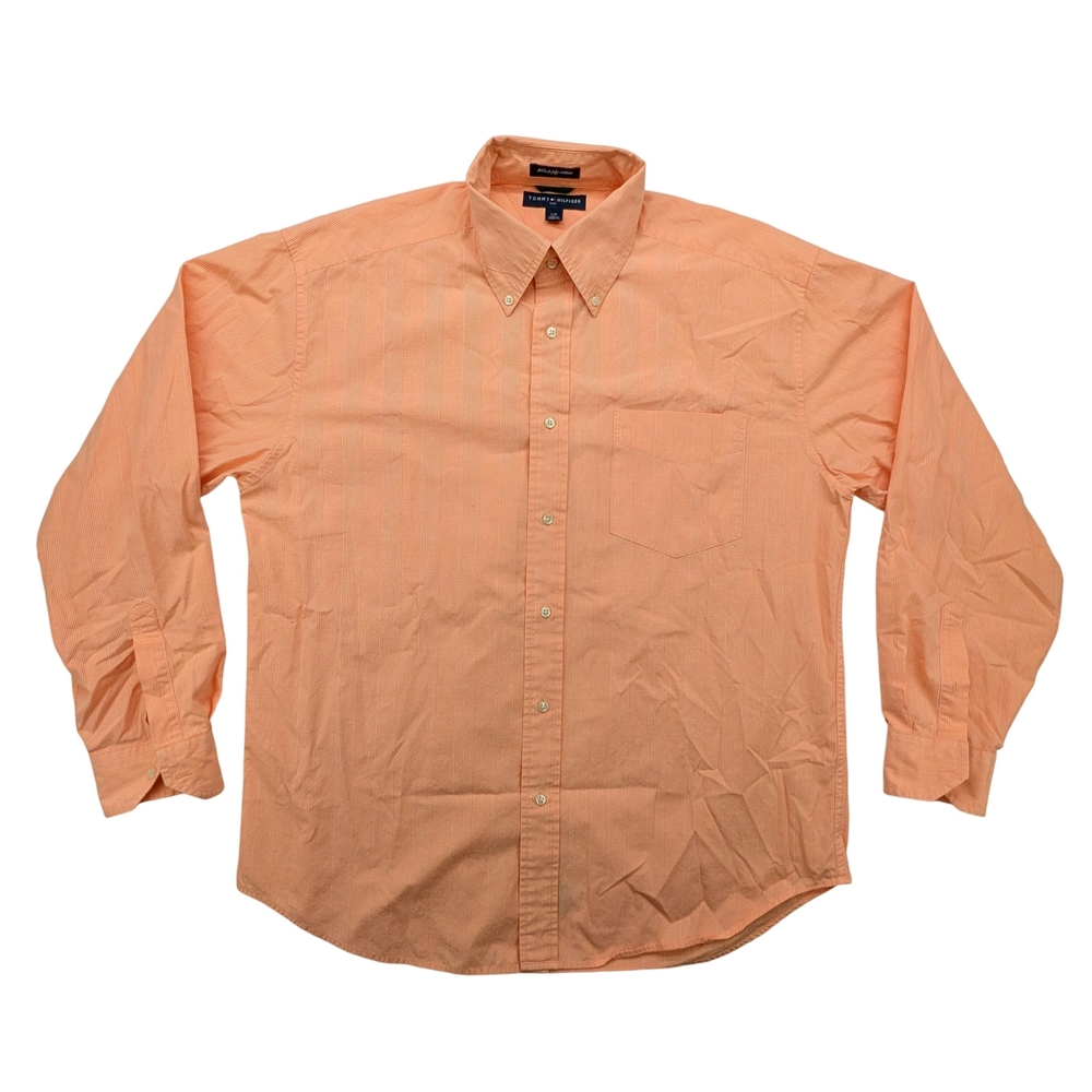 Tommy Hilfiger Shirt Mens Large Golf Button Down Orange Plaid 80s 2-Ply Cotton